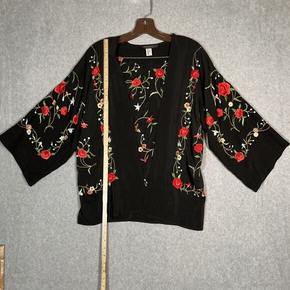 Ania A OPen Cardigan Kimono Womens M Black Embroidered Silk Top Floral Artsy - Picture 8 of 15